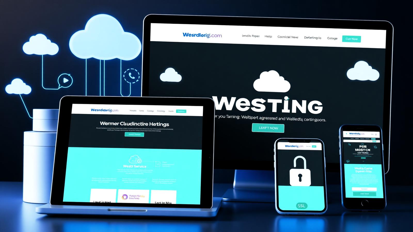 Site responsivo em laptop, tablet e celular com ícones de SSL e nuvem